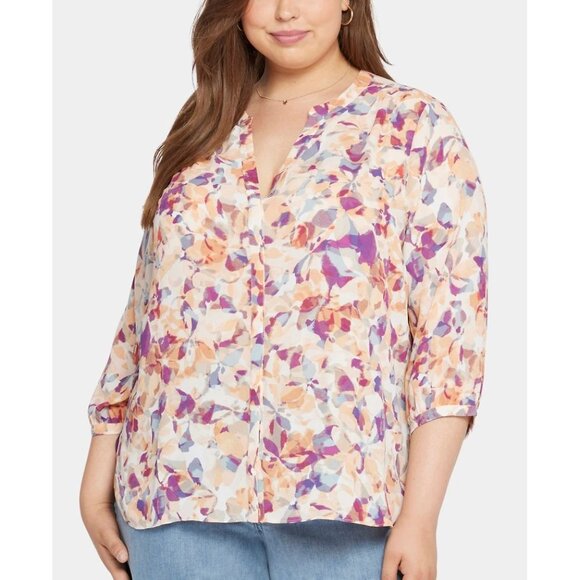 NYDJ Floral Pintuck Fallen Leaf 3/4-Sleeve Hidden Button Front Blouse Sz 2X NWT - Picture 1 of 3